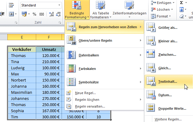 Bedingte Formatierung: Textinhalt