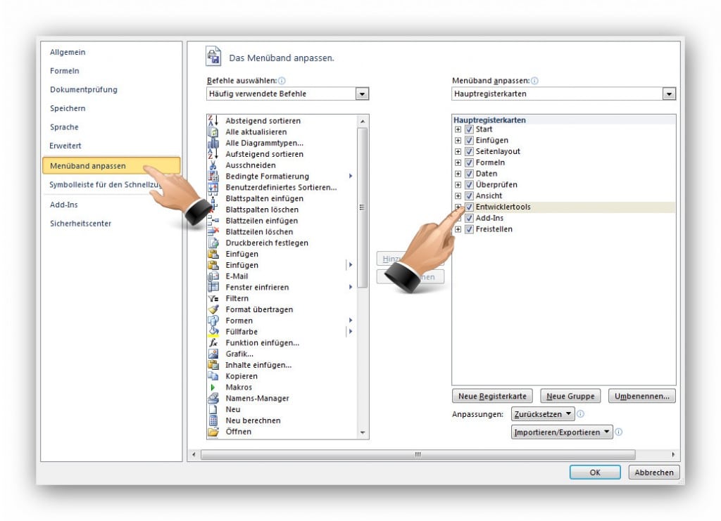 Entwicklertools einschalten