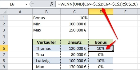 Excel wenn und Funktion