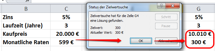 Excel Zielwertsuche Ergebnis