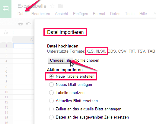 Google Tabelle importieren Excel