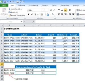 SUMMEWENN Funktion – Beispiel mit Dropdown-Liste