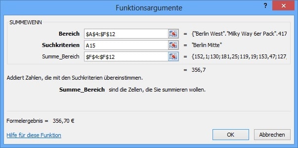 Summewenn Funktion Bereich